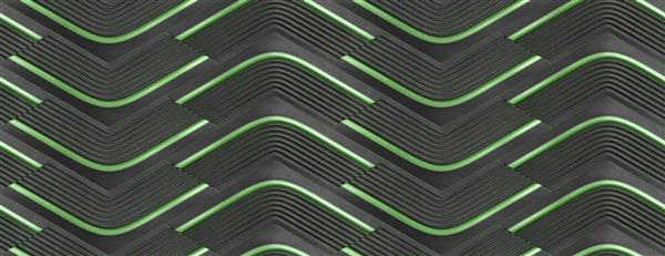 کاغذ دیواری سه بعدی به شکل ماژول های برجسته مشکی با خش های سبز رنگ در لبه ها و عناصر تزئینی بافت واقعی بدون درز با کیفیت بالا