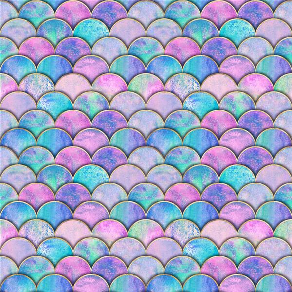 الگوی بدون درز ژاپنی با مقیاس ماهی پری دریایی پس زمینه رنگارنگ با آبرنگ با خط طلایی بافت به شکل مقیاس های آبرنگ سبک برش کاغذ جلوه سه بعدی چاپ برای پارچه کاغذ دیواری