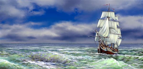 کشتی قدیمی روی دریا نقاشی دیجیتالی رنگ روغن منظره دریا هنرهای زیبا آثار هنری