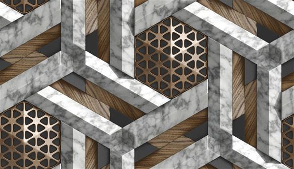 کاغذ دیواری سه بعدی به شکل تقلیدی از موزاییک تزئینی از فلز قهوه ای سنگ مرمر سفید و عناصر چوب قهوه ای بافت واقعی بدون درز با کیفیت بالا