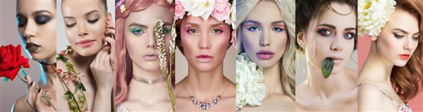 کلاژ زیبایی زنان زیبا با گل دخترای زیبا با آرایش چهره های مختلف زن