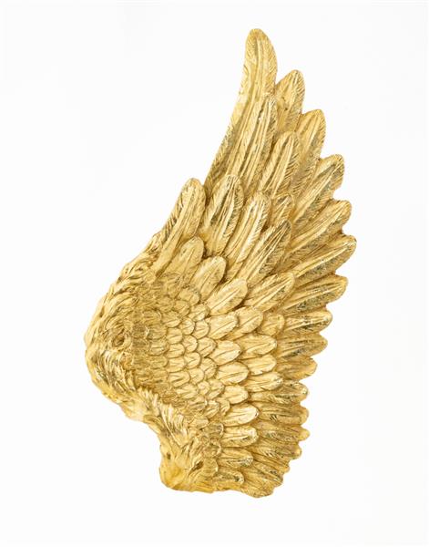 بال فرشته طلایی جدا شده بر روی پس زمینه سفید بال اساطیری زیبا عنصر طراحی طلا مفهوم الوهیت