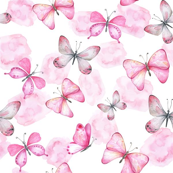 الگوی بدون درز آبرنگ با پروانه ها و خال های صورتی
