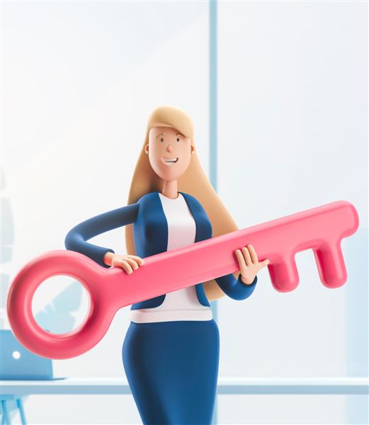 زن جوان تجاری اما با کلید بزرگ در فضای داخلی دفتر ایستاده است تصویر سه بعدی