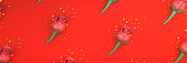 روز ولنتاین مبارک گل رز زرق و برق طلایی کنفتی در زمینه قرمز کارت پستال طرح تخت بنر طرح‌بندی نمای بالا فضای کپی متن صفحه گسترده ترکیب‌بندی صفحه تصویر رندر سه بعدی