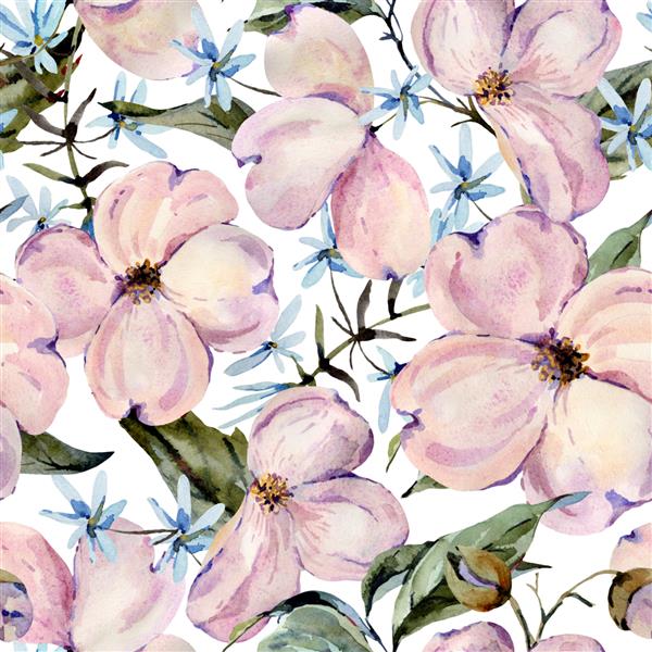 الگوی بدون درز آبرنگ ملایم با گل‌های صورتی و آبی روشن شاخه‌ها برگ‌ها بافت جوانه کاغذ دیواری گلدار با دست نقاشی شده در زمینه سفید