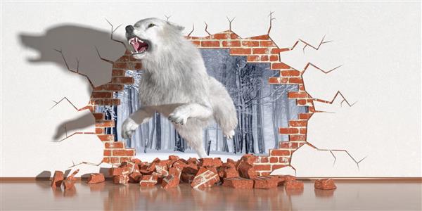 پریدن گرگ از یک گسل در دیوار تصویر سه بعدی