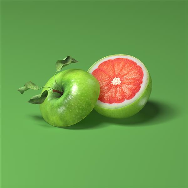 رندر سه بعدی سیب سبز برش خورده با گریپ فروت در داخل یک تفاله دیگر داخل میوه طعم مخلوط تصویر چند میوه برای آب میوه یا شهد جدا شده در پس زمینه سبز روشن با سایه ملایم