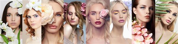 کلاژ زیبایی زنان زیبا با گل دخترای زیبا با آرایش چهره های مختلف زن