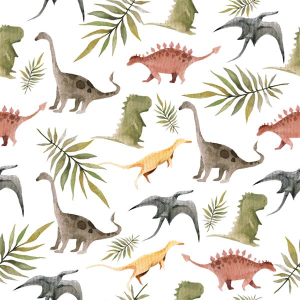 نقاشی دستی با آبرنگ الگوی کودکانه از داینا و برگهای گرمسیری نخل دایناسور خنده دار مناسب برای پوستر پارچه کودکان چاپ تصویر جدا شده روی سفید