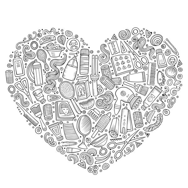 مجموعه ای از اشیاء نمادها و اقلام کارتونی آرایشگاهی که با دست کشیده شده است ترکیب شکل قلب