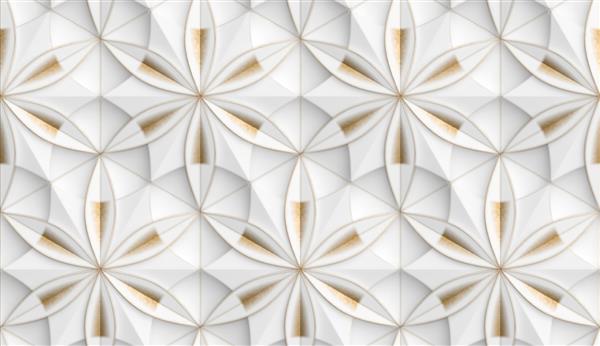 کاغذ دیواری سه بعدی به شکل پانل های هندسی سفید با خش های تزئینی طلایی گل زندگی بافت بدون درز واقعی با کیفیت بالا