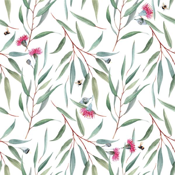 طرح گل های استوایی آبرنگ شاخه های اکالیپتوس و گل های صورتی
