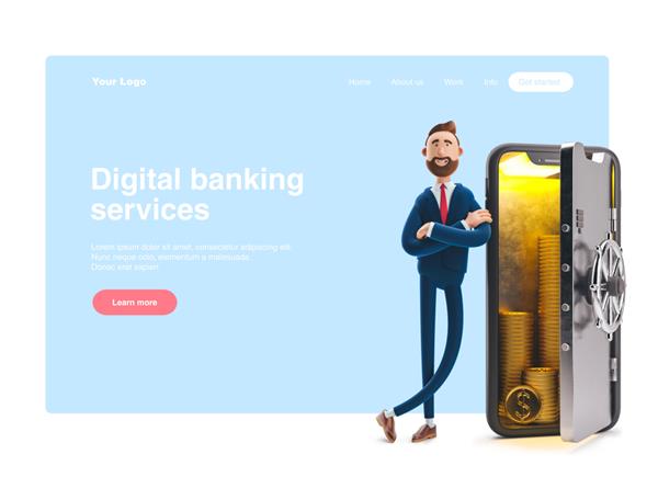 ایستاده شخصیت کارتونی بیلی با تلفن به شکل گاوصندوق مفهوم بانکداری موبایلی بانک آنلاین تصویر سه بعدی بنر وب صفحه شروع سایت اینفوگرافیک