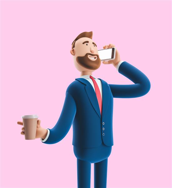 تصویر سه بعدی در پس زمینه صورتی شخصیت کارتونی که با تلفن صحبت می کند و قهوه در دست دارد