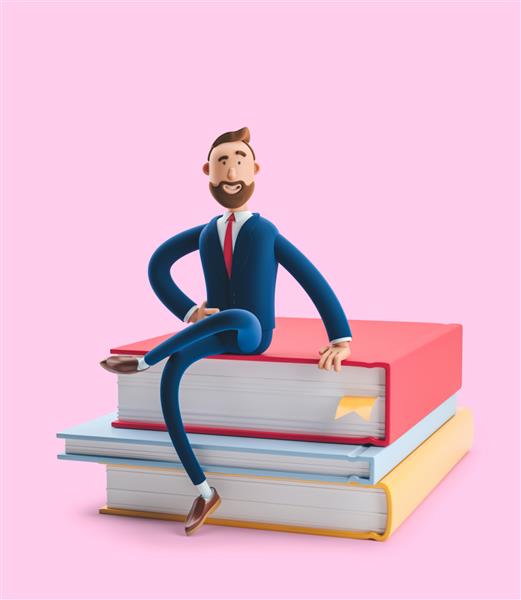 تصویر سه بعدی در پس زمینه صورتی شخصیت کارتونی تاجر ریش بیلی روی دسته ای از کتاب ها نشسته است مفهوم آموزش کسب و کار
