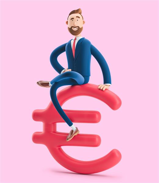 تصویر سه بعدی بیلی تاجر با علامت یورو بزرگ در پس زمینه صورتی