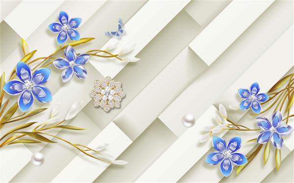 تصویر سه بعدی گل پروانه و جواهرات