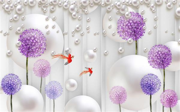 تصویر سه بعدی از گل های قاصدک دو پرنده دایره ها و جواهرات