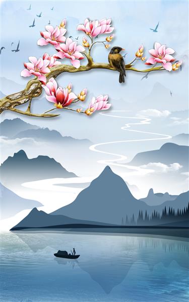 تصویر سه بعدی از گل ها پرندگان کوه ها رودخانه و قایق