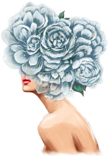 دختری با گلهای زیبا به جای سر تصویرسازی دیجیتال