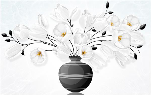 تصویر سه بعدی از گلدان گل و گل های سفید ظریف نقاشی دیجیتال هنر انتزاعی مجلل برای کاغذ دیواری