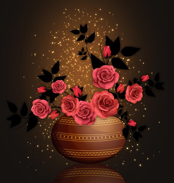 تصویر سه بعدی گلدان گل رز درخشان نقاشی دیجیتال هنر انتزاعی مجلل برای کاغذ دیواری