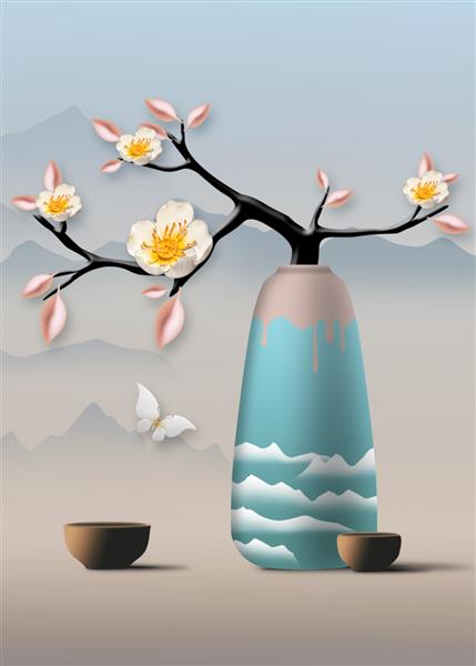 تصویر سه بعدی از گلدان آبی مدرن نقاشی دیجیتال هنر انتزاعی مجلل برای کاغذ دیواری