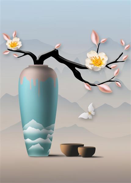 تصویر سه بعدی از گلدان آبی مدرن نقاشی دیجیتال هنر انتزاعی مجلل برای کاغذ دیواری