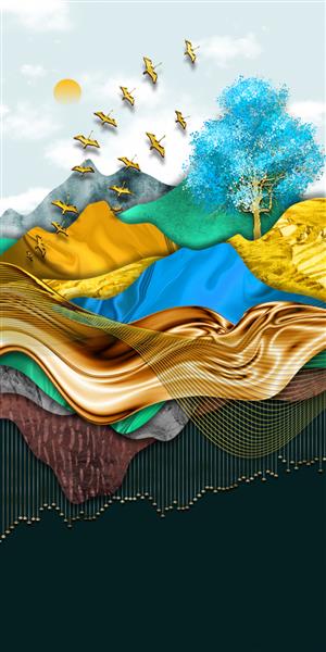 تصویر سه بعدی از دسته پرندگان و رشته کوه نقاشی دیجیتال هنر انتزاعی مجلل برای کاغذ دیواری