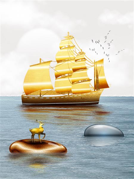 تصویر سه بعدی از قایق طلایی نقاشی دیجیتال هنر انتزاعی مجلل برای کاغذ دیواری