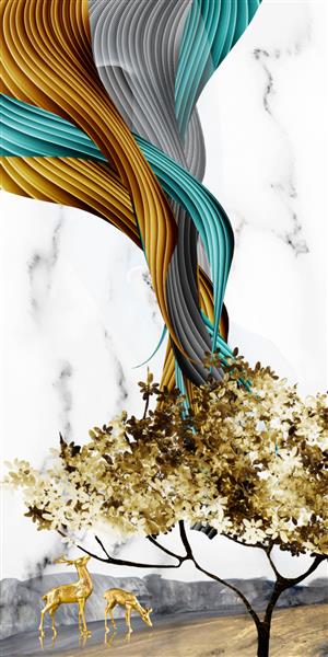 تصویر سه بعدی درخت و جریان ایستاده گوزن طلایی نقاشی دیجیتال هنر انتزاعی مجلل برای کاغذ دیواری