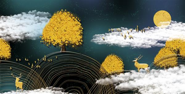 تصویر سه بعدی از درخت طلایی و ابرها نقاشی دیجیتال هنر انتزاعی مجلل برای کاغذ دیواری
