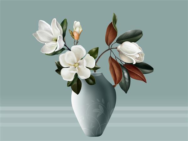 تصویر گلدان های سه بعدی ماگنولیا مد مدرن برای دکوراسیون و کاغذ دیواری هنر انتزاعی دیجیتال