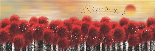 تصویر سه بعدی از جنگل درخت قرمز و گله پرندگان در حال پرواز در آسمان