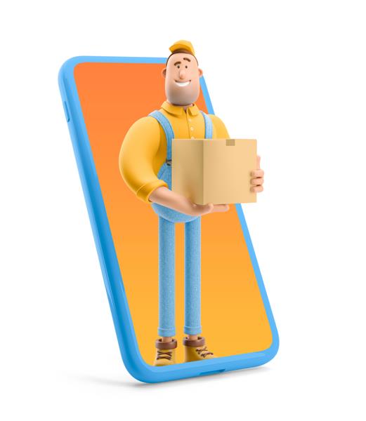 مفهوم تحویل آنلاین تحویل‌کار با لباس‌هایی که داخل گوشی ایستاده است و جعبه‌ای با بسته‌ای در دست دارد تصویر سه بعدی شخصیت کارتونی
