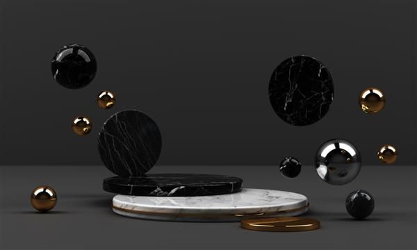 شکل هندسی بافت سنگ مرمر سیاه و سفید و طلایی با گروه شیء ضد زنگ مجموعه رندر سه بعدی صحنه انتزاعی سکوی خالی با پس زمینه سیاه