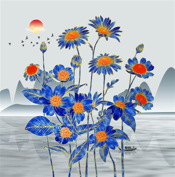 تصویر سه بعدی از گل های آبی پر جنب و جوش و رودخانه