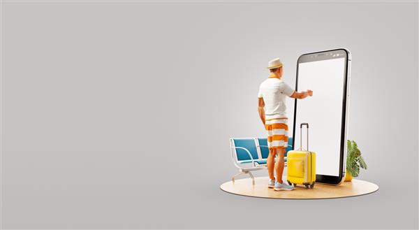 گردشگر با کلاه حصیری با چمدانش در مقابل گوشی هوشمند ایستاده و از برنامه تلفن هوشمند استفاده می کند مفهوم برنامه های گوشی های هوشمند سفر تصویر سه بعدی غیرمعمول