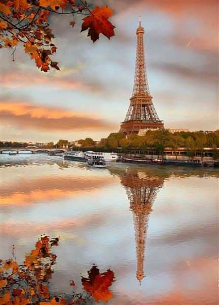 برج ایفل با برگ های پاییزی در پاریس فرانسه