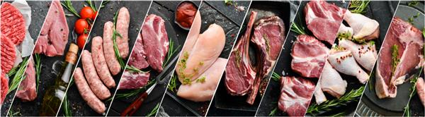 کلاژ غذا مجموعه ای از انواع گوشت گوساله خوک و مرغ در زمینه مشکی نمای بالا