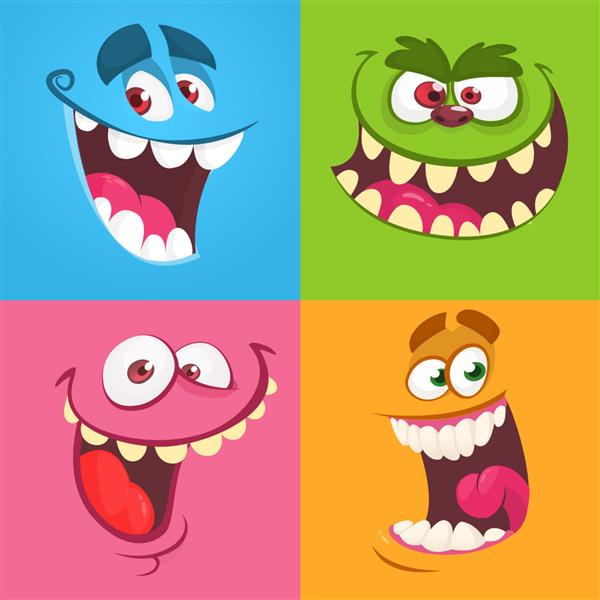 مجموعه چهره های هیولا کارتونی مجموعه ای از چهار آواتار هیولای هالووین با حالات چهره متفاوت