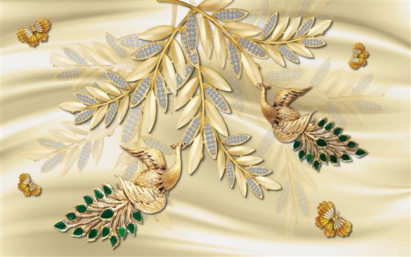 کاغذ دیواری سه بعدی طاووس طلایی با پس زمینه طلایی AAE