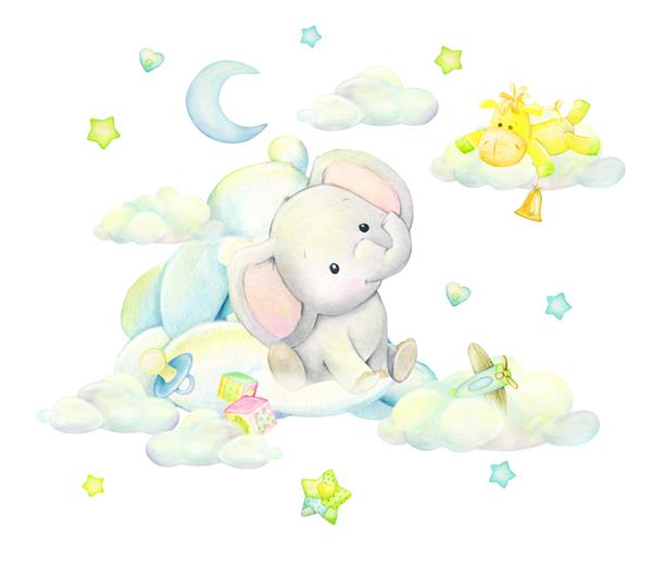 فیل ناز خوابیده در ابرها در پس زمینه ماه پروانه ها ستاره ها به سبک کارتونی کلیپ آرت آبرنگ در پس زمینه ای جدا شده