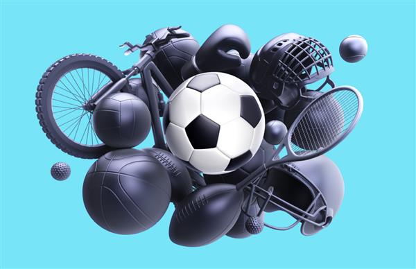 رندر سه بعدی توپ فوتبال رندر سه بعدی انبوه توپ های ورزشی پس زمینه تک رنگ مجموعه تجهیزات فوتبال تنیس بسکتبال فوتبال بوکس والیبال جدا شده در زمینه آبی