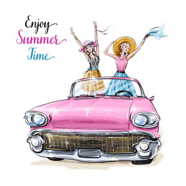 زن شادی با دست ترسیم شده که در ماشینی با بالا باز و بازوها در هوا ایستاده است زنان جوان زیبا با لباس تابستانی زن شیک پوش با کلاه های حصیری ست تابستانی