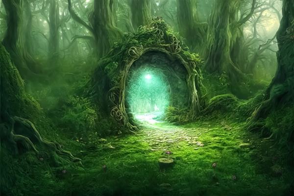 پورتال تلپورت جادویی در جنگل افسانه عرفانی دروازه به دنیای موازی سورئال فانتزی