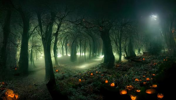 منظره شبح آور جنگل های شبح زده واقع گرایانه در شب پس زمینه فانتزی جنگل هالووین تصویر سه بعدی
