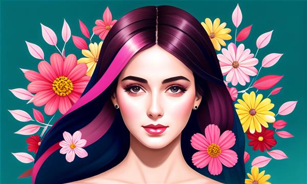 زنی با موهای بنفش و صورتی و پس زمینه گل