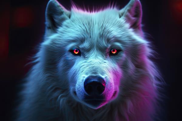 گرگ نزدیک در رنگ‌های نئون هوش مصنوعی مولد